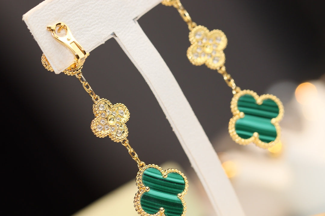 [✨Rose💎]CLOVER EARRINGS GOLD MALACHITE DIAMOND 3 MOTIF
