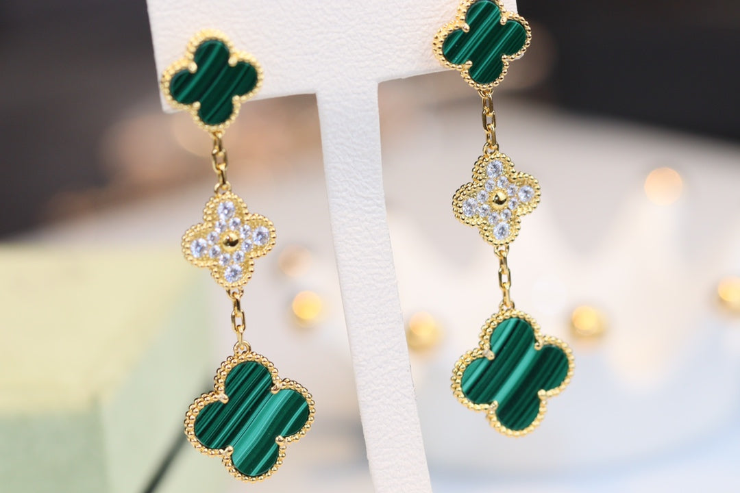 [✨Rose💎]CLOVER EARRINGS GOLD MALACHITE DIAMOND 3 MOTIF