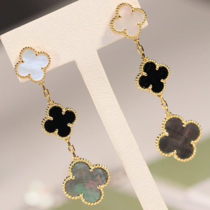 [✨Rose💎]CLOVER EARRINGS GOLD ONYX MOP 3 MOTIF