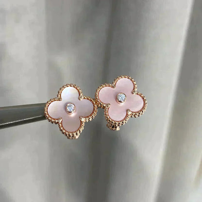 [✨Rose💎]CLOVER MEDIUM 1 MOTIFS  PINK MOP DIAMOND EARRINGS