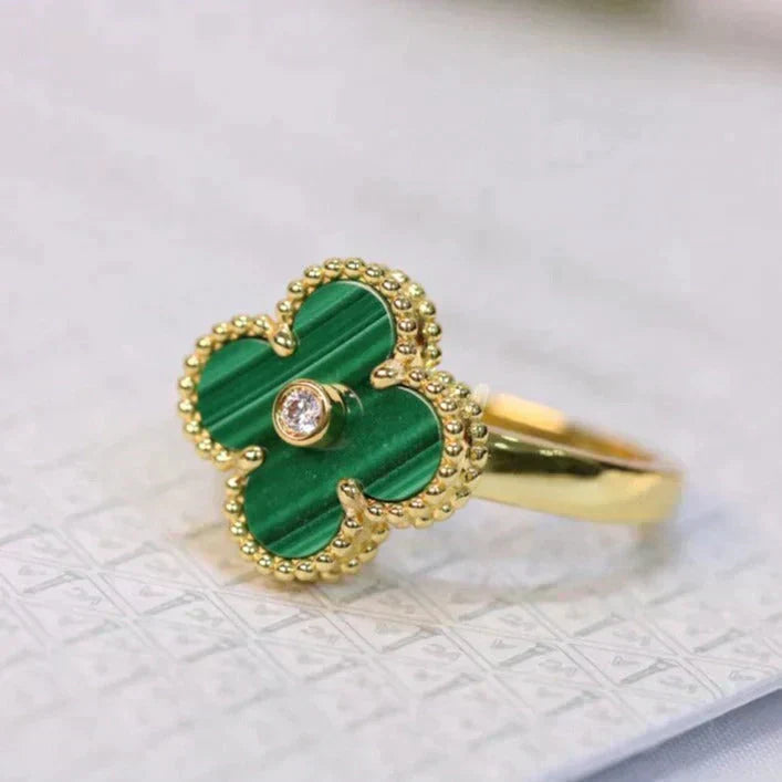 [✨Rose💎]CLOVER MALACHITE RING GOLD DIAMOND