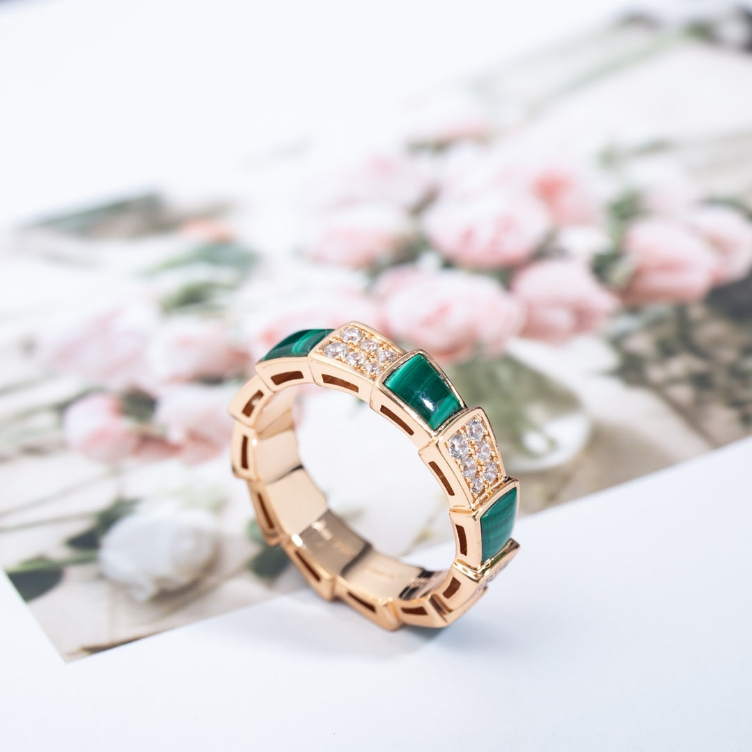 [✨Rose💎]SERPENTI RING PINK GOLD MALACHITE DIAMOND PAVED 4MM