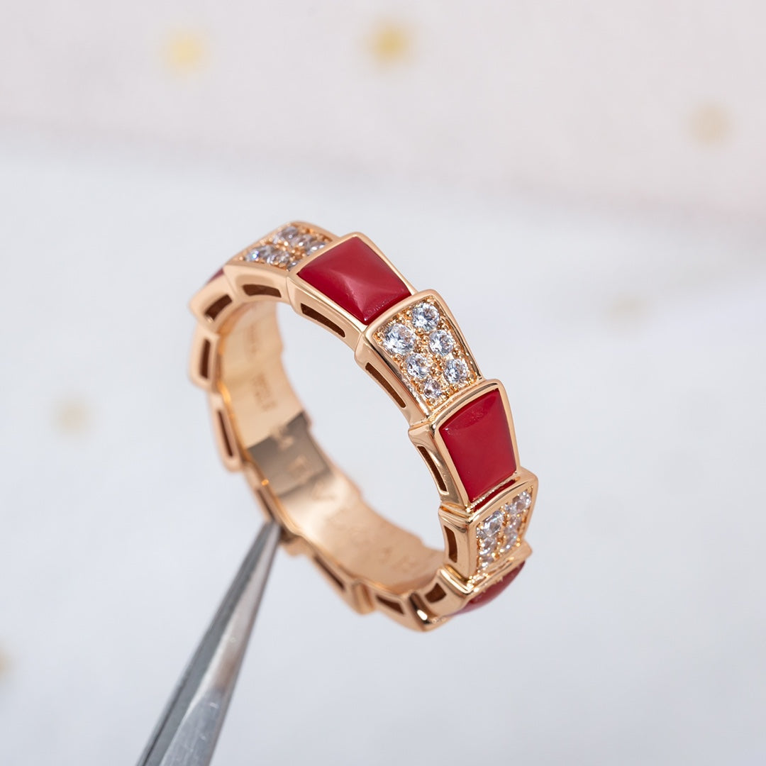 [✨Rose💎]SERPENTI RING PINK GOLD CARNELIAN DIAMOND PAVED 4MM