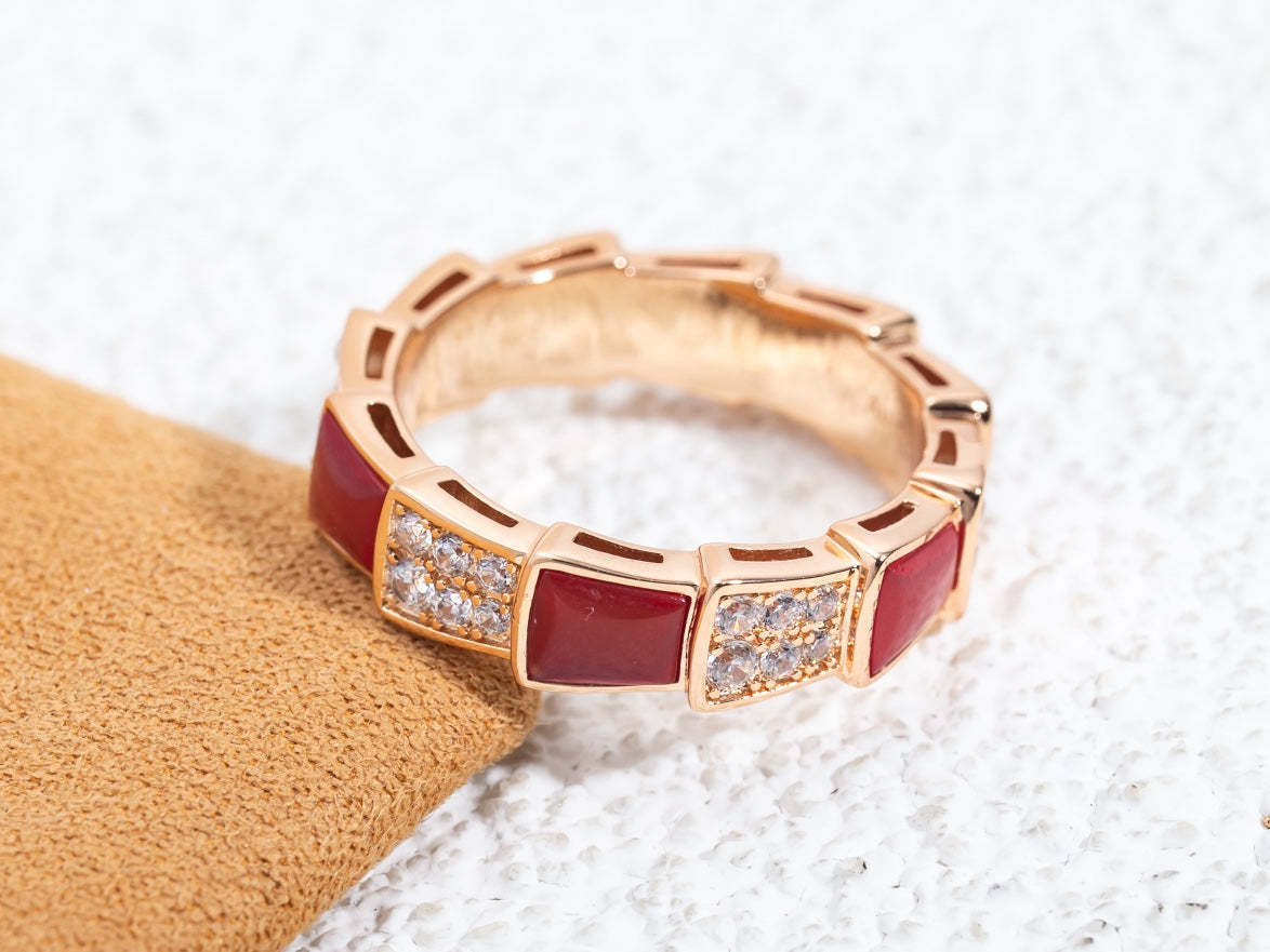 [✨Rose💎]SERPENTI RING PINK GOLD CARNELIAN DIAMOND PAVED 4MM