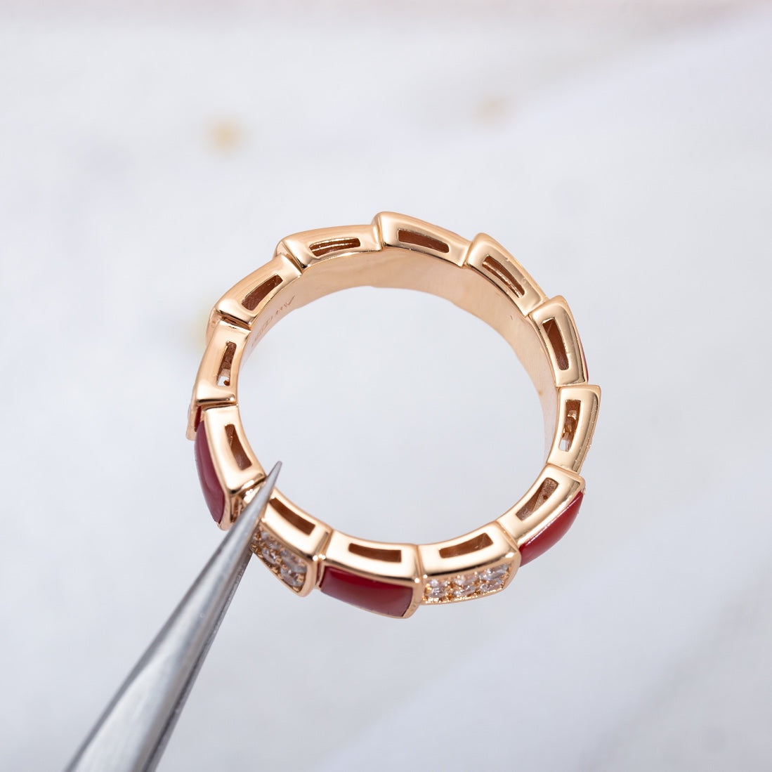 [✨Rose💎]SERPENTI RING PINK GOLD CARNELIAN DIAMOND PAVED 4MM