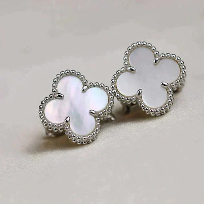 [✨Rose💎]CLOVER MEDIUM 1 MOTIFS  WHITE MOP EARRINGS SILVER
