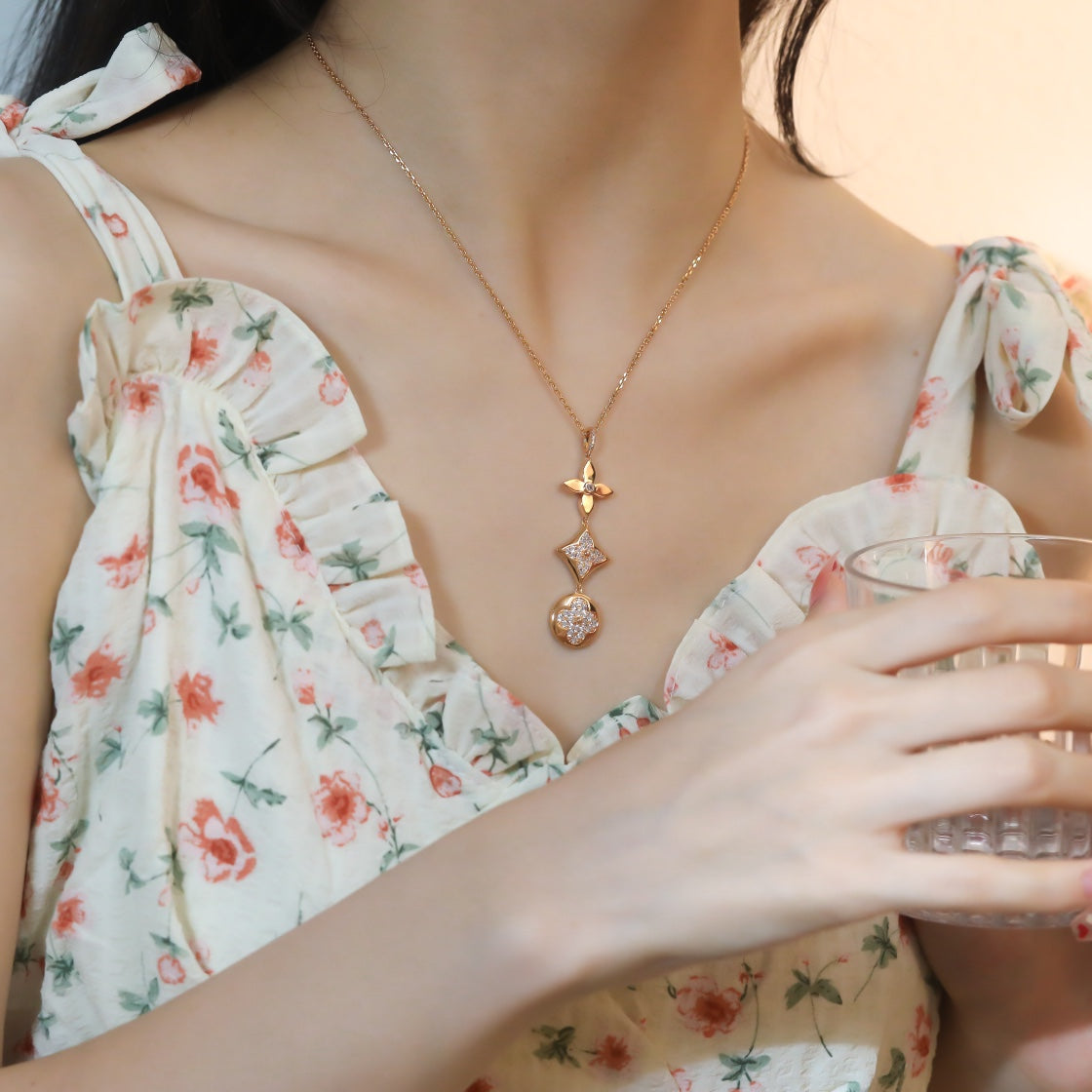 [✨Rose💎]STAR AND SUN DIAMOND PINK GOLD NECKLACE