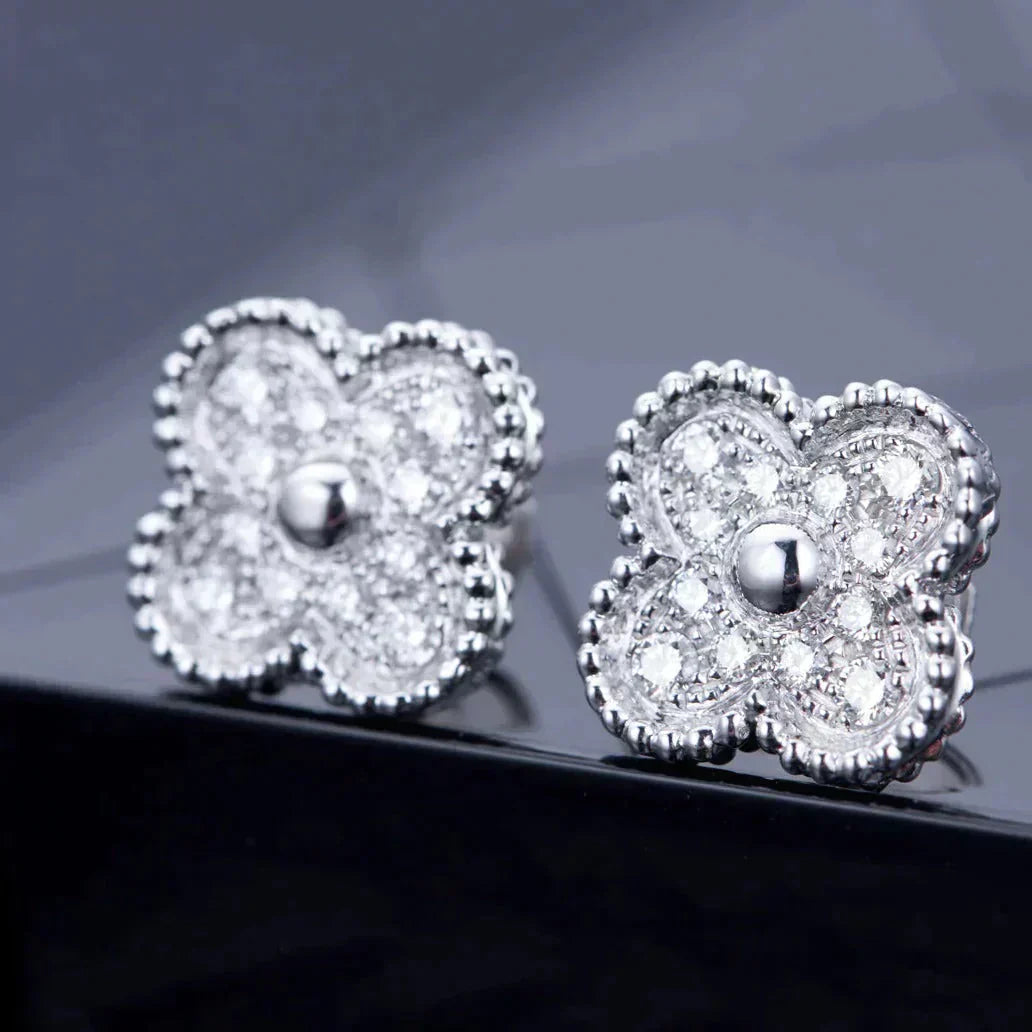 [✨Rose💎]CLOVER 1 MOTIFS DIAMOND STUD EARRINGS SILVER