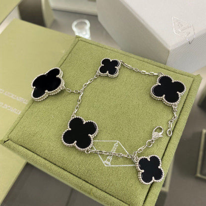 [✨Rose💎]CLOVER 5 MOTIFS SIVLER ONYX BRACELET