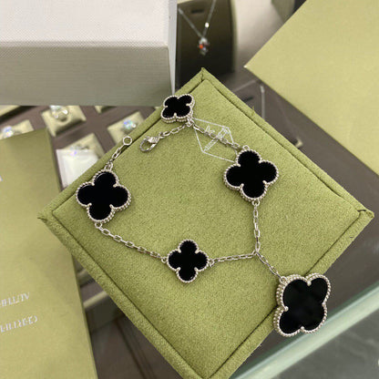 [✨Rose💎]CLOVER 5 MOTIFS SIVLER ONYX BRACELET