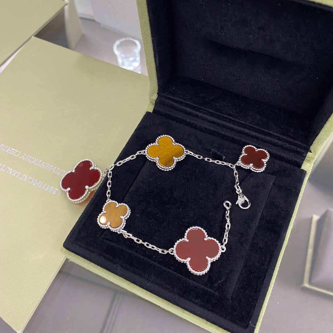 [✨Rose💎]CLOVER 5 MOTIFS SIVLER CARNELIAN TIGER EYE BRACELET