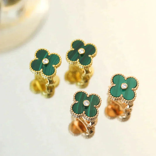 [✨Rose💎]CLOVER MEDIUM 1 MOTIFS MALACHITE DIAMOND EARRINGS