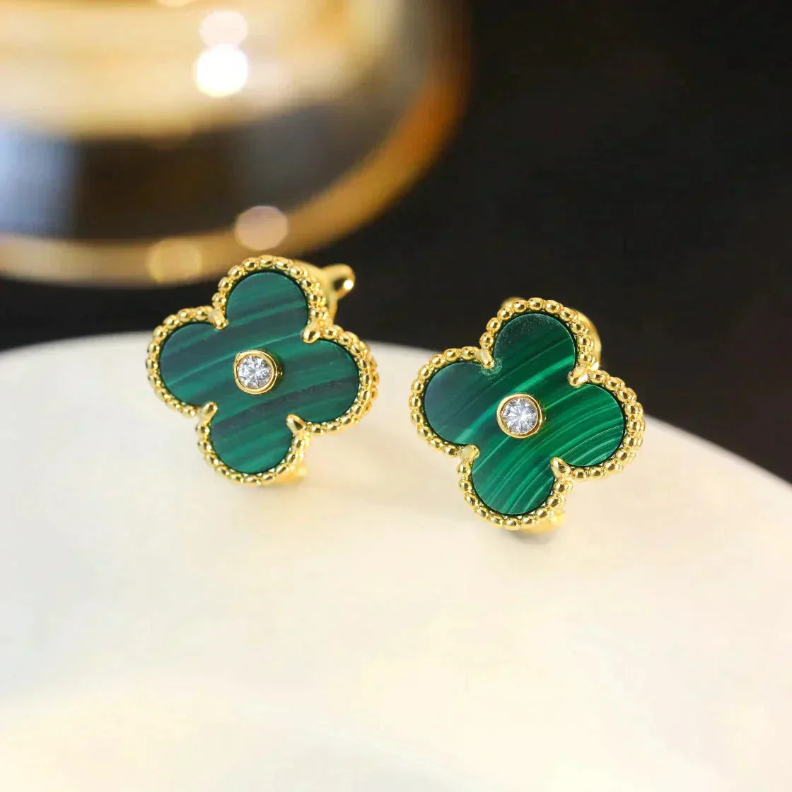 [✨Rose💎]CLOVER MEDIUM 1 MOTIFS MALACHITE DIAMOND EARRINGS