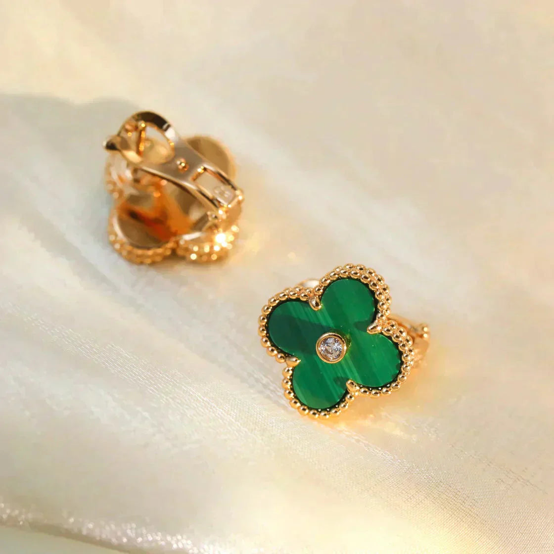 [✨Rose💎]CLOVER MEDIUM 1 MOTIFS MALACHITE DIAMOND EARRINGS