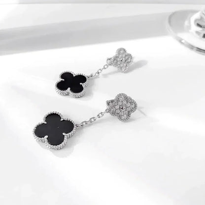[✨Rose💎]CLOVER 2 MOTIFS  DIAMOND ONYX EARRINGS SILVER