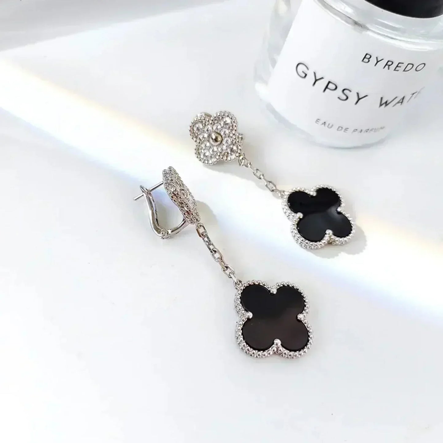 [✨Rose💎]CLOVER 2 MOTIFS  DIAMOND ONYX EARRINGS SILVER