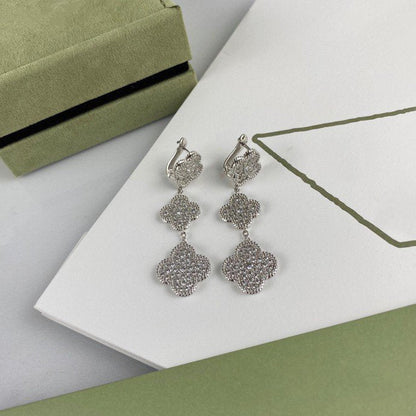 [✨Rose💎]CLOVER 3 MOTIF DIAMOND SILVER DROP EARRINGS