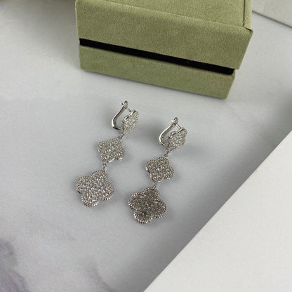 [✨Rose💎]CLOVER 3 MOTIF DIAMOND SILVER DROP EARRINGS