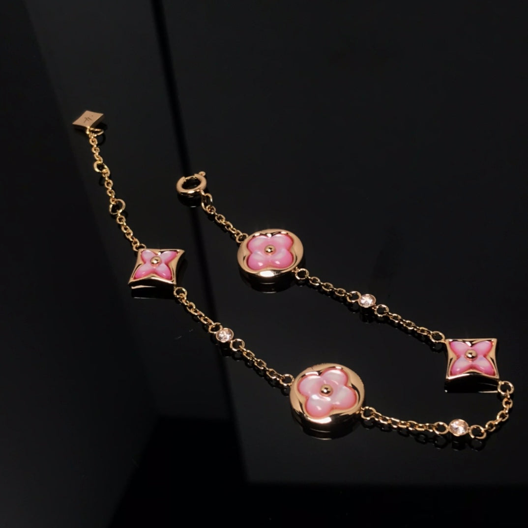 [✨Rose💎]STAR AND SUN 4 MOTIF PINK MOP PINK GOLD BRACELET