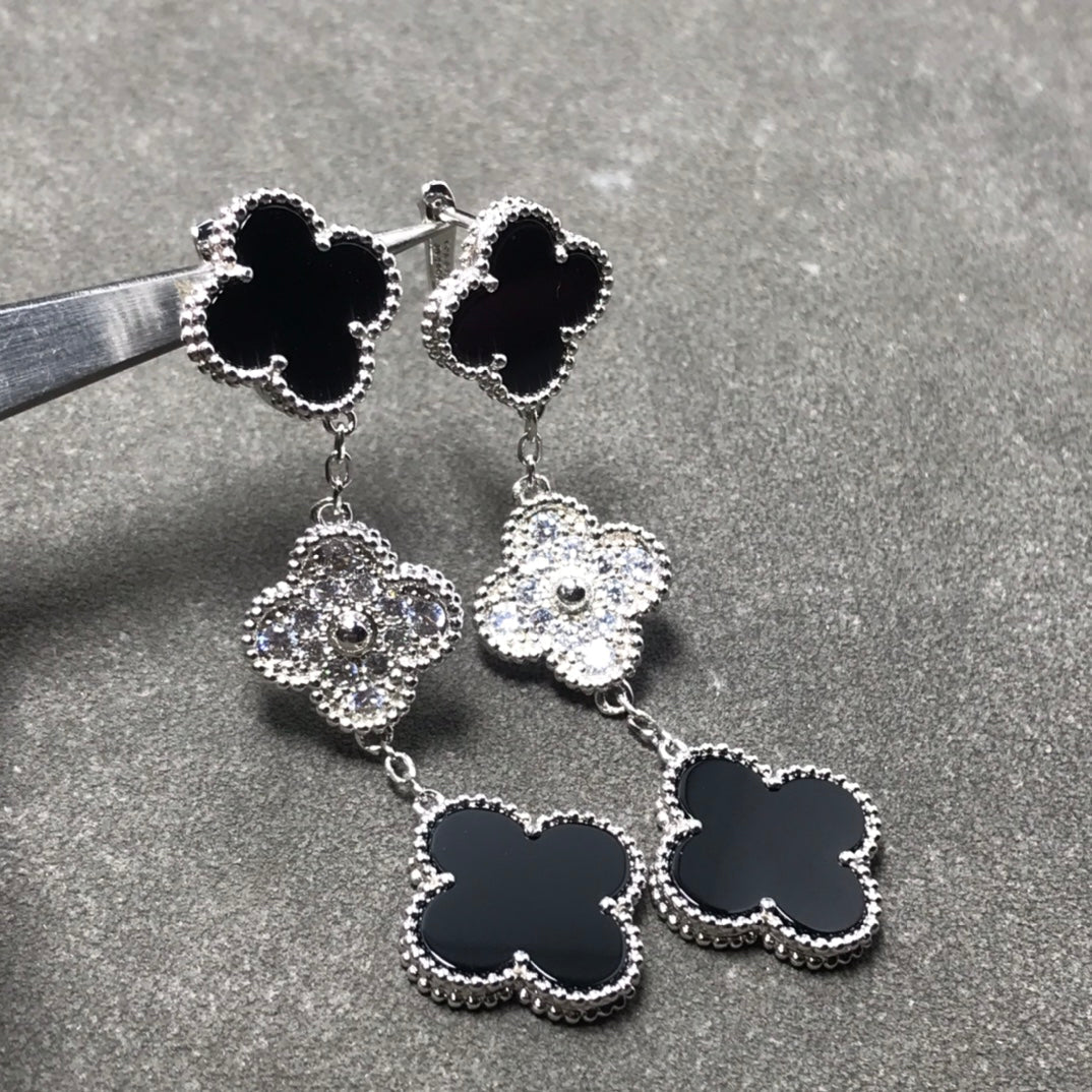 [✨Rose💎]CLOVER 3 MOTIF DIAMOND ONYX SILVER EARRINGS