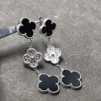 [✨Rose💎]CLOVER 3 MOTIF DIAMOND ONYX SILVER EARRINGS