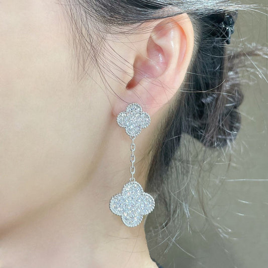 [✨Rose💎]CLOVER 2 MOTIFS DIAMOND PAVED SILVER EARRINGS