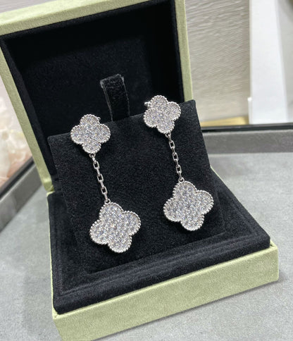 [✨Rose💎]CLOVER 2 MOTIFS DIAMOND PAVED SILVER EARRINGS