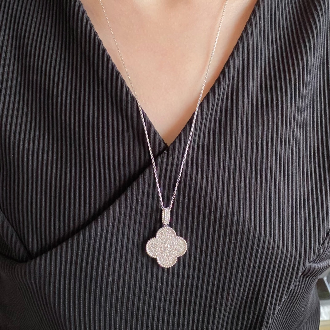[✨Rose💎]CLOVER 25MM LARGE PEDANT DIAMOND PAVED LONG NECKLACE