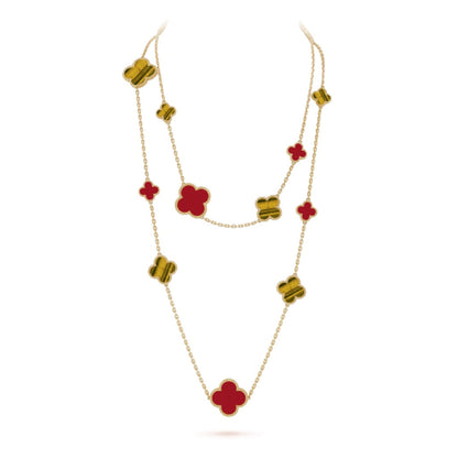 [✨Rose💎]CLOVER 16 MOTIF CARNELIAN TIGER EYE ROSE GOLD NECKLACE