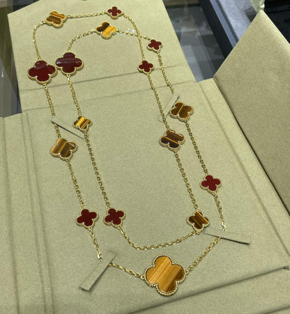 [✨Rose💎]CLOVER 16 MOTIF CARNELIAN TIGER EYE ROSE GOLD NECKLACE
