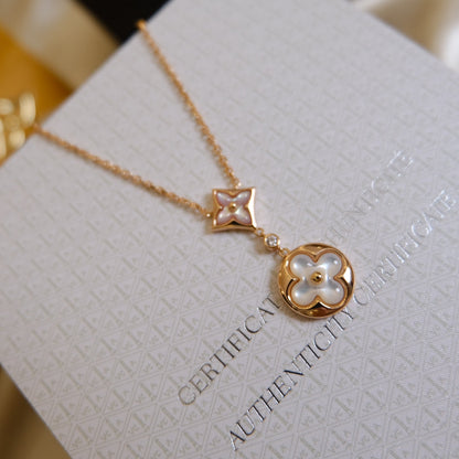 [✨Rose💎]STAR AND SUN WHITE MOP 2 MOTIF PINK GOLD NECKLACE