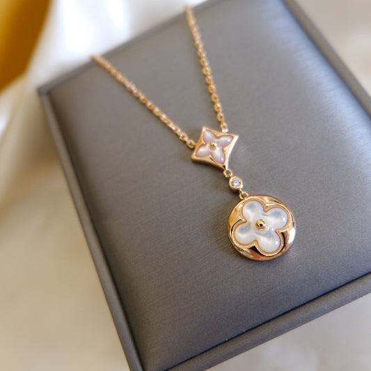 [✨Rose💎]✨Rose💎 AND SUN WHITE MOP 2 MOTIF PINK GOLD NECKLACE
