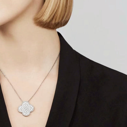 [✨Rose💎]CLOVER 25MM LARGE PENDANT DIAMOND PAVED SILVER NECKLACE