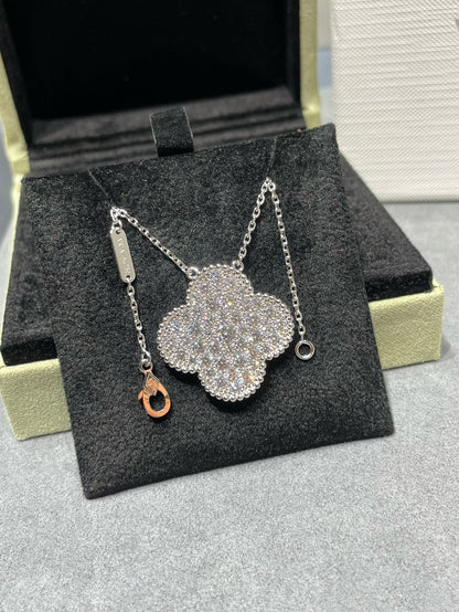 [✨Rose💎]CLOVER 25MM LARGE PENDANT DIAMOND PAVED SILVER NECKLACE