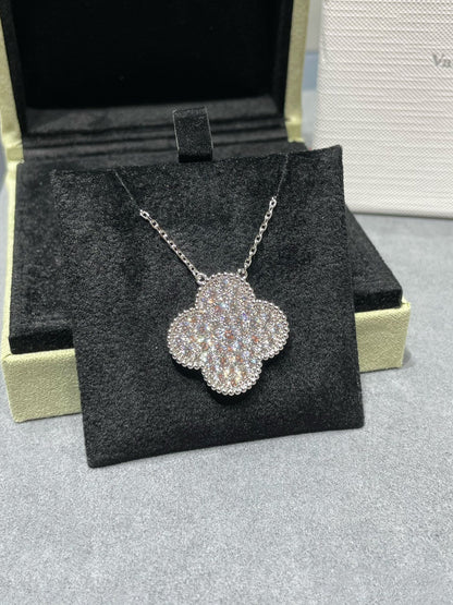 [✨Rose💎]CLOVER 25MM LARGE PENDANT DIAMOND PAVED SILVER NECKLACE
