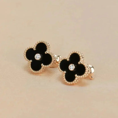 [✨Rose💎]CLOVER MEDIUM 1 MOTIFS ONYX DIAMOND EARRINGS