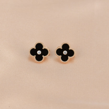 [✨Rose💎]CLOVER MEDIUM 1 MOTIFS ONYX DIAMOND EARRINGS