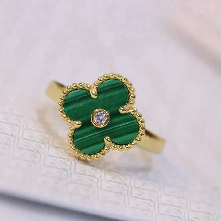 [✨Rose💎]CLOVER MALACHITE RING GOLD DIAMOND