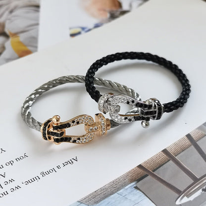 [✨Rose💎]FORCE LARGE HORSESHOE BLACK WHITE DIAMOND BRACELET SILVER