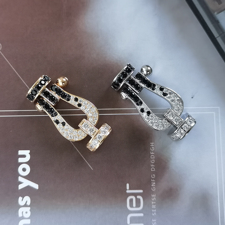 [✨Rose💎]FORCE LARGE HORSESHOE BLACK WHITE DIAMOND BRACELET SILVER