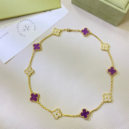[✨Rose💎 Jewelry]CLOVER 10 MOTIFS  PURPLE VIOLET DIAMOND NECKLACE
