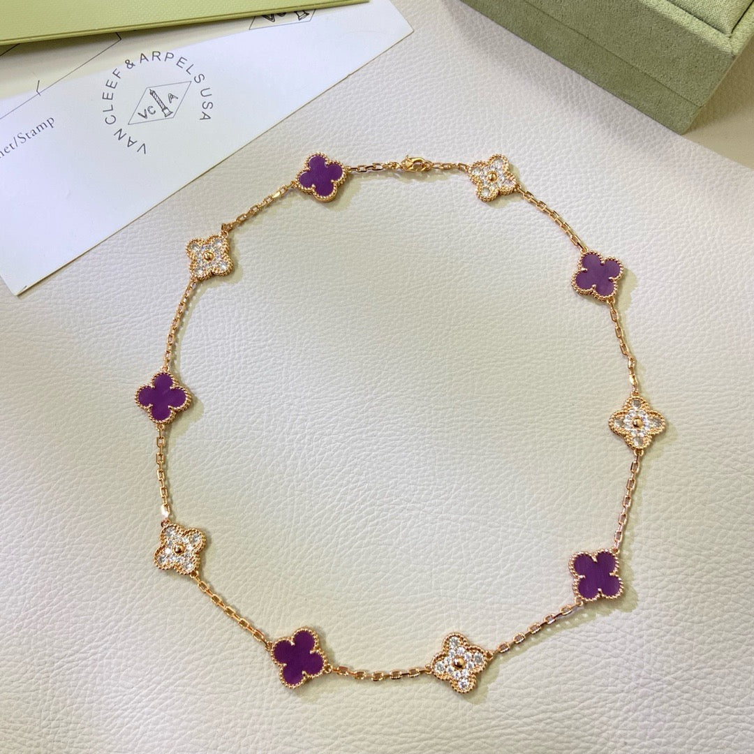 [✨Rose💎 Jewelry]CLOVER 10 MOTIFS  PURPLE VIOLET DIAMOND NECKLACE