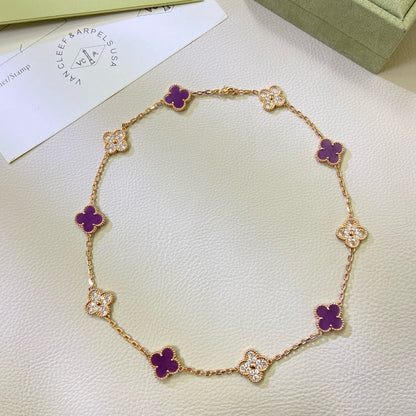 [✨Rose💎 Jewelry]CLOVER 10 MOTIFS  PURPLE VIOLET DIAMOND NECKLACE
