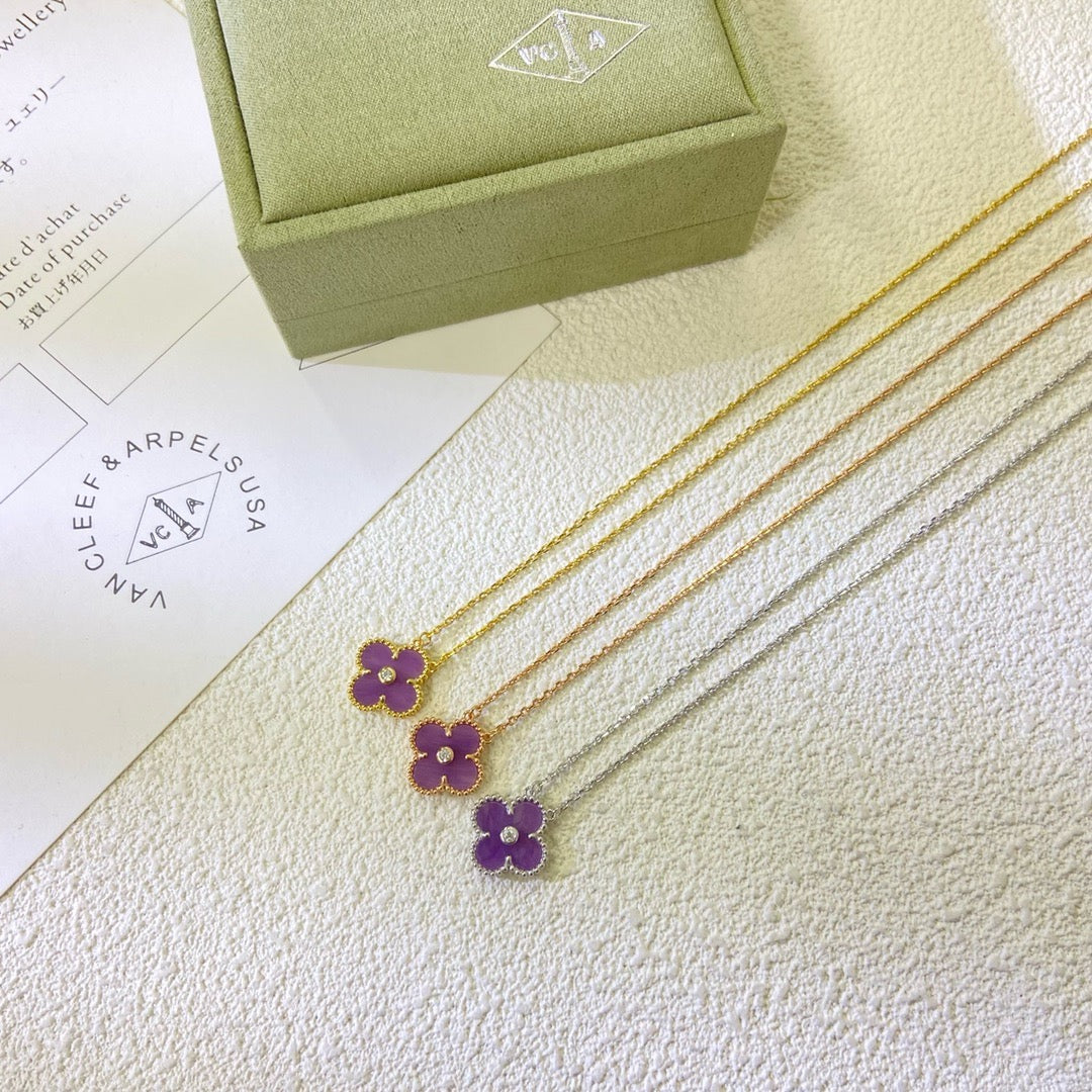 [✨Rose💎 Jewelry]CLOVER 15MM DIAMOND  PURPLE VIOLET NECKLACE