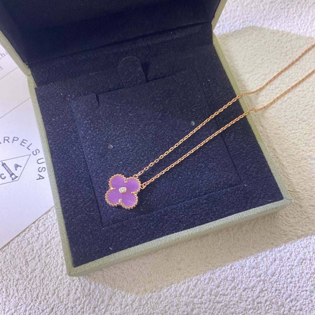 [✨Rose💎 Jewelry]CLOVER 15MM DIAMOND  PURPLE VIOLET NECKLACE
