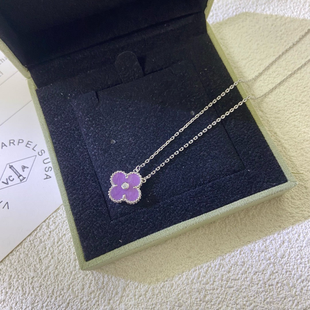 [✨Rose💎 Jewelry]CLOVER 15MM DIAMOND  PURPLE VIOLET NECKLACE