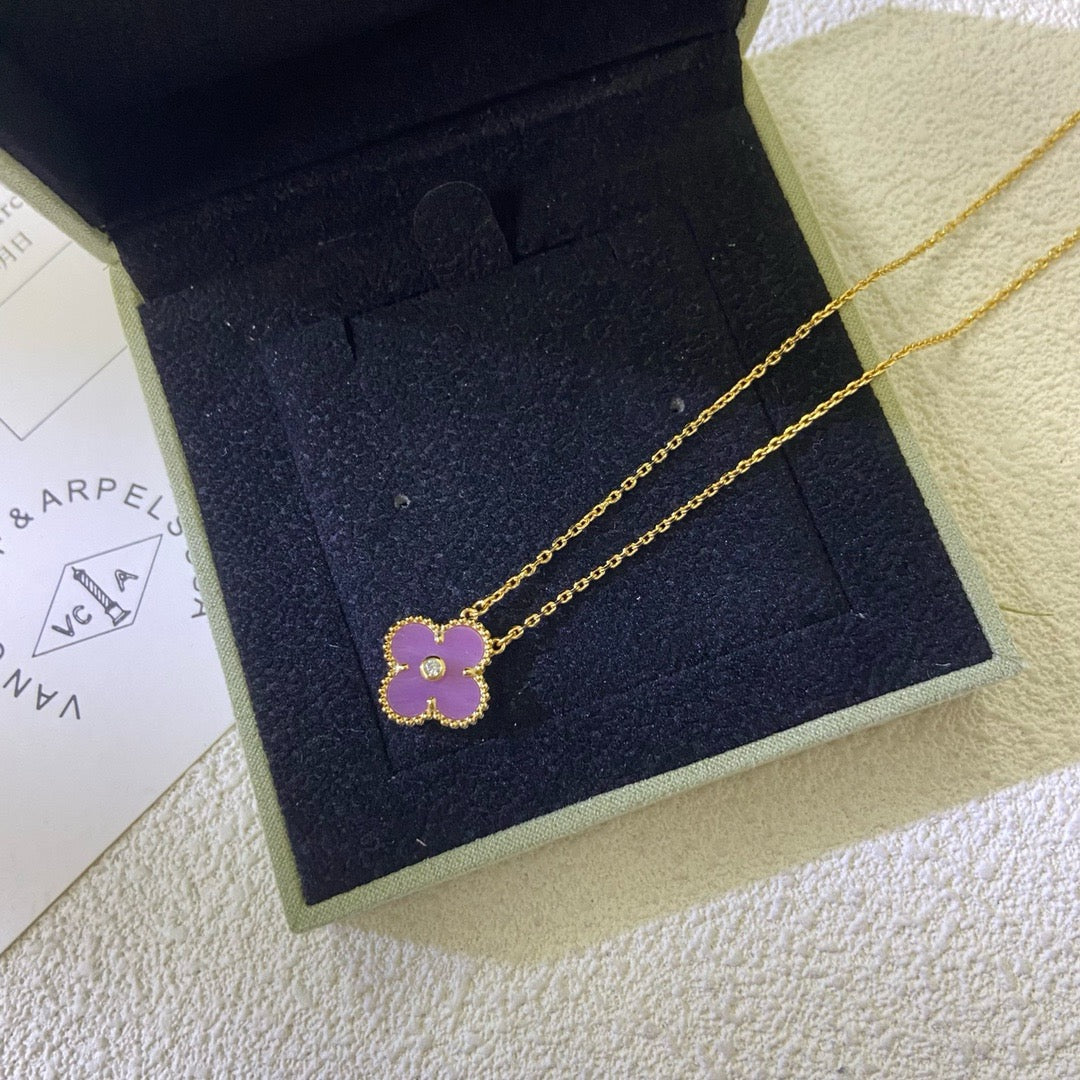 [✨Rose💎 Jewelry]CLOVER 15MM DIAMOND  PURPLE VIOLET NECKLACE