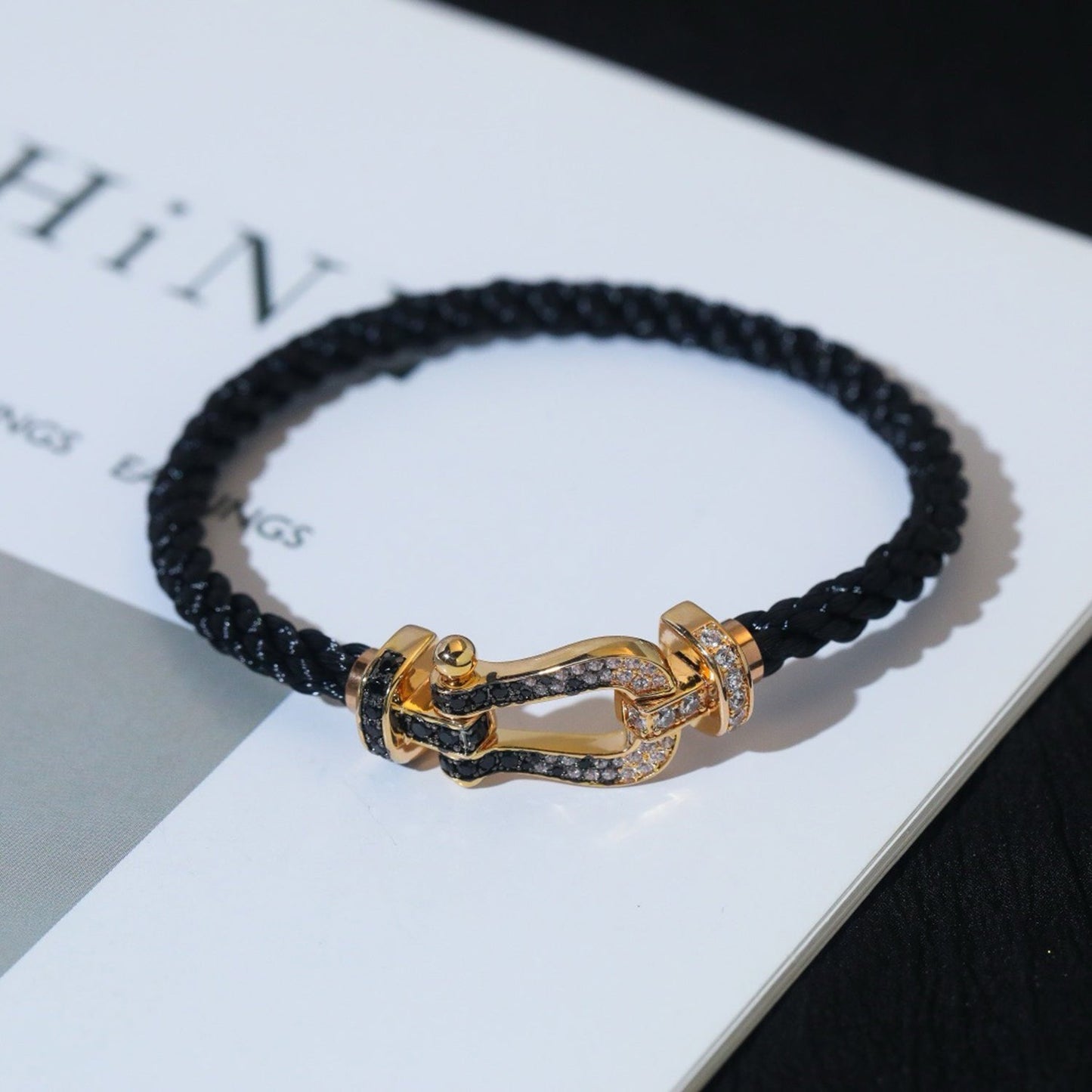 [✨Rose💎]FORCE LARGE HORSESHOE BLACK WHITE DIAMOND BRACELET ROSE GOLD