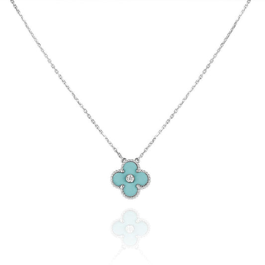 [✨Rose💎]CLOVER 1 DIAMOND LIGHT BLUE SILVER NECKLACE