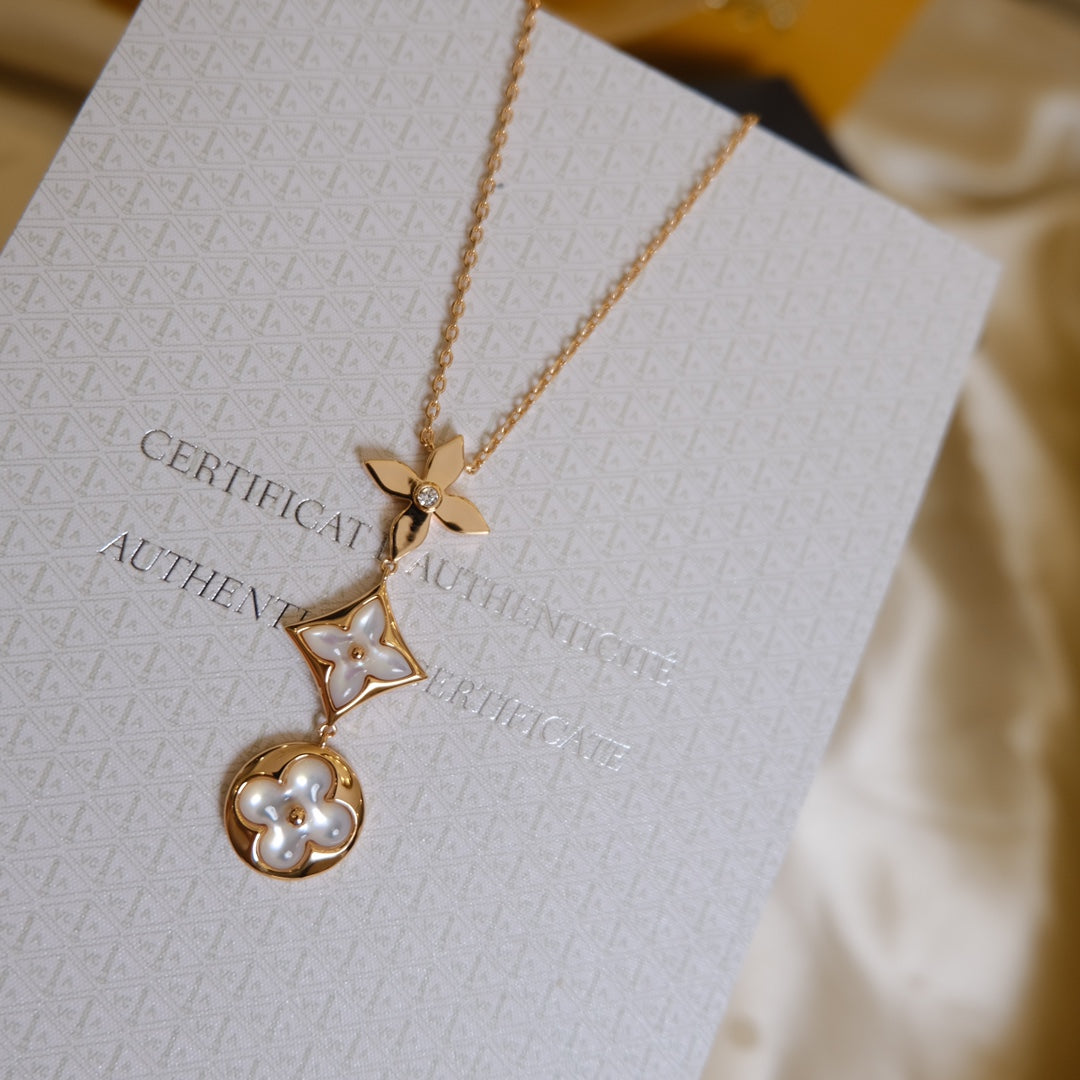 [✨Rose💎]COLOR BLOSSOM LARIAT NECKLACE PINK GOLD WHITE MOTHER PEARL AND DIAMOND